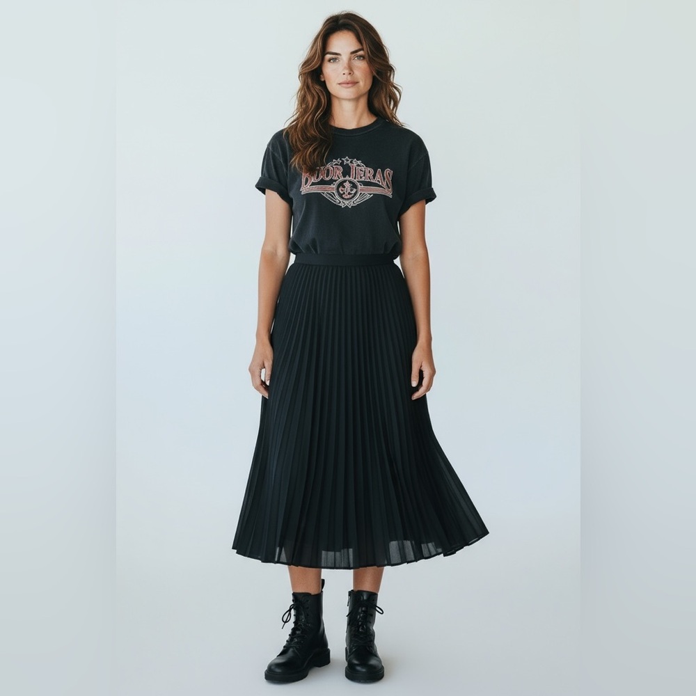 Simply Emma Black Pleated Chiffon Flowy Midi Overlay Lined Skirt Size 2X